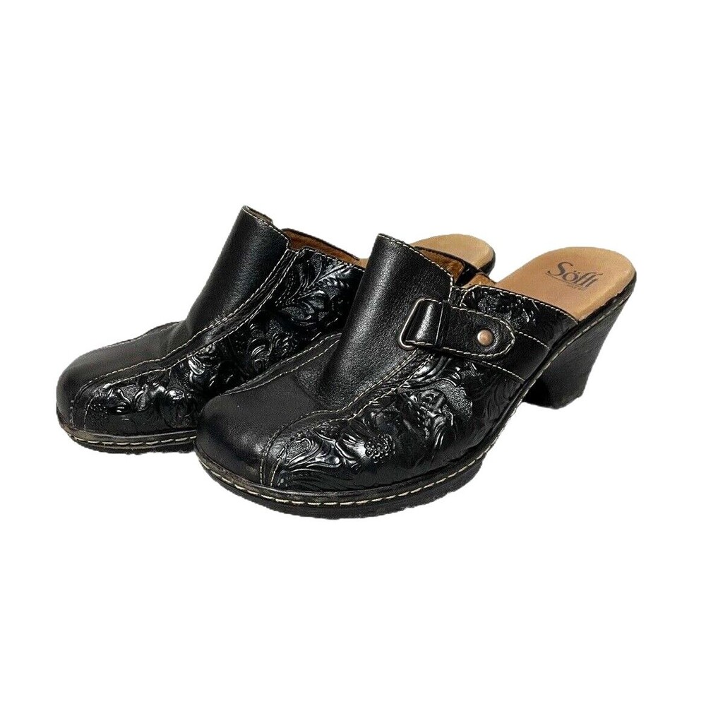 Sofft Tooled Leather Clogs Mules Embossed Buckle Black Women 9